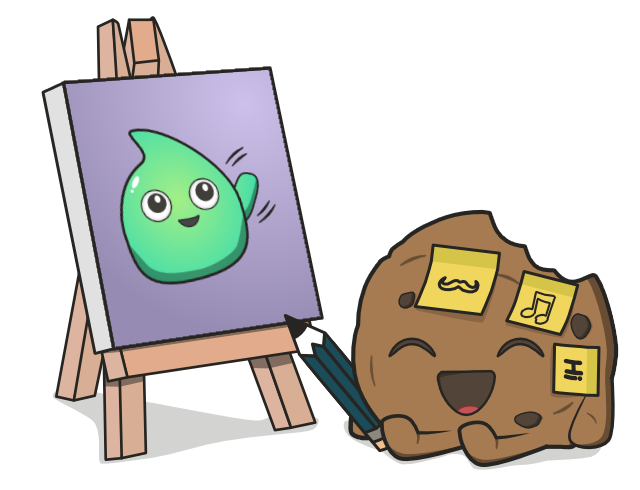 Comic-Cookie with Post-Its sitting in front of painting with a waving comic-slime on it.