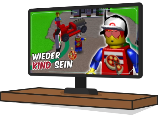 Monitor auf Holzregal mit dem YouTube Thumbnail für das Video "Lego Insel 2 Best Of"!