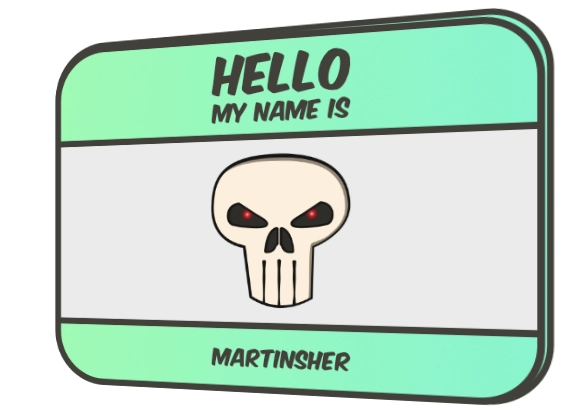Comic Name Tag with the Logo of Martinsher and the text "Hello my name is Martinsher"